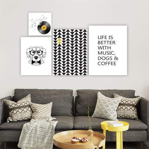 QUADRO 4PÇS FRASE INGLÊS GEOMÉT. CACHORRO CAFÉ CAN - 1