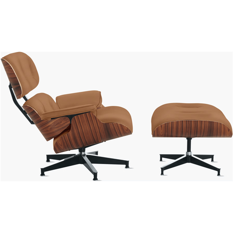 Poltrona Charles Eames com Banqueta Madeira Pau-ferro em Couro Legítimo Caramelo