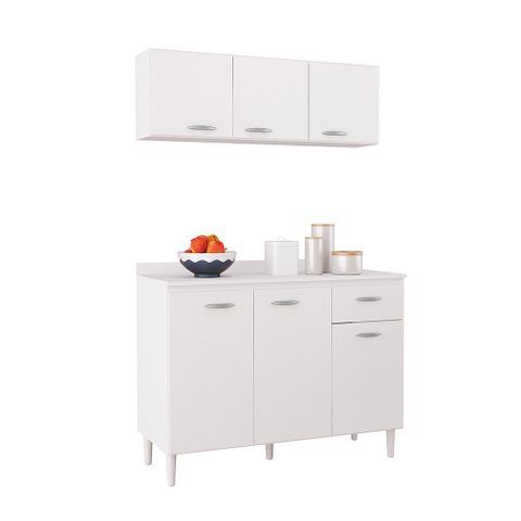 Combo Dália Balcão P/ Pia Com Tampo + Aéreo 3 Portas Branco