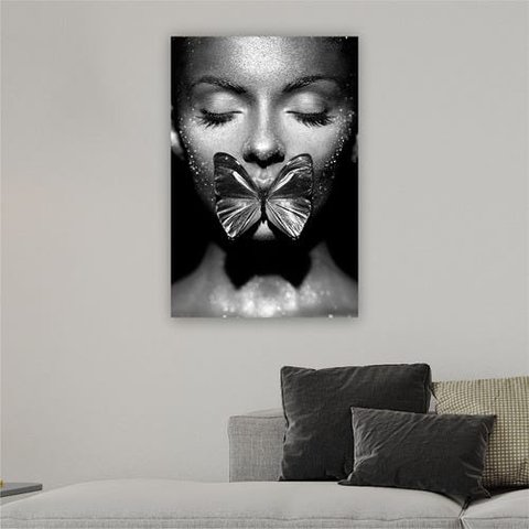 Quadro 90x60cm Mulher Borboleta Boca Prata Canvas