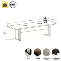 Mesa de Reunião 2,70m X 0,90m 2 Cx de Tomadas Pés Metal F5 - 2