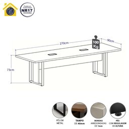 Mesa de Reunião 2,70m X 0,90m 2 Cx de Tomadas Pés Metal F5 - 2