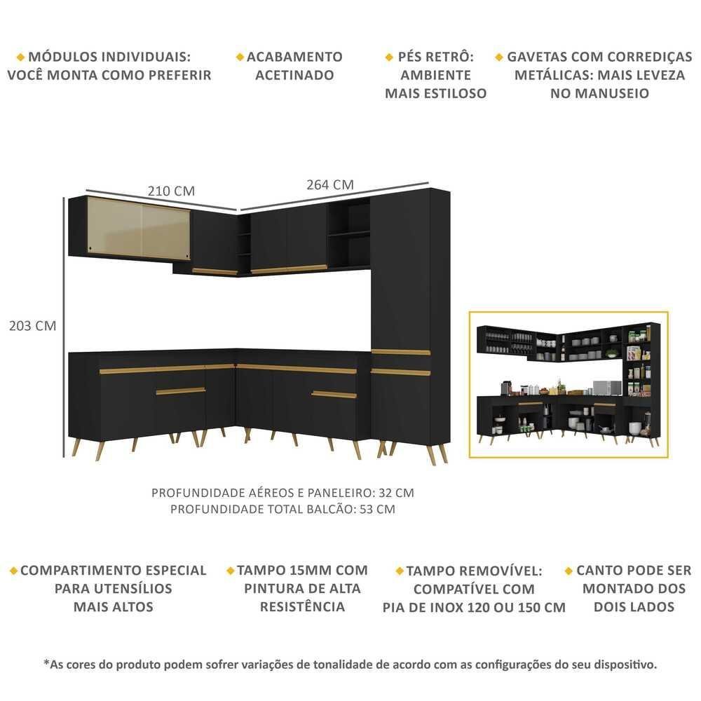Cozinha Completa de Canto Veneza GB Multimóveis MP2065 com Armário e Balcão Preta - 4