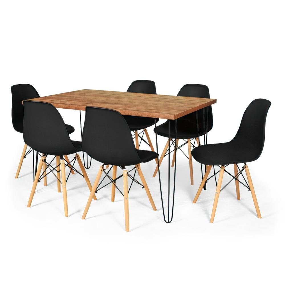 Conjunto Mesa de Jantar Hairpin 130x80 Natural com 6 Cadeiras Eames Eiffel - Preto
