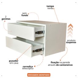 Mesa de Cabeceira Branca Suspensa com 2 Gavetas 40cm - 3