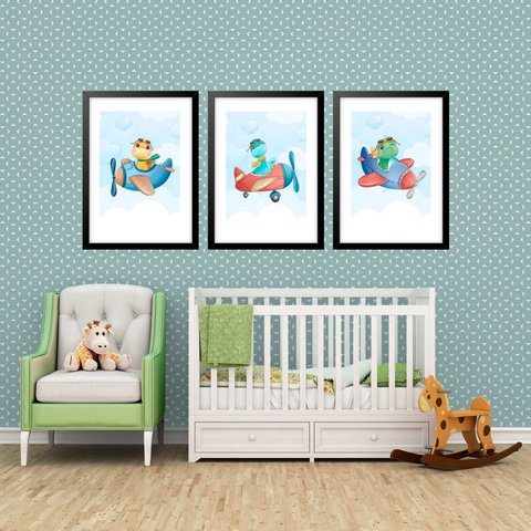Kit 3 Quadros Grandes Quarto Infantil Dinos Avião 60x48cm:moldura Branca