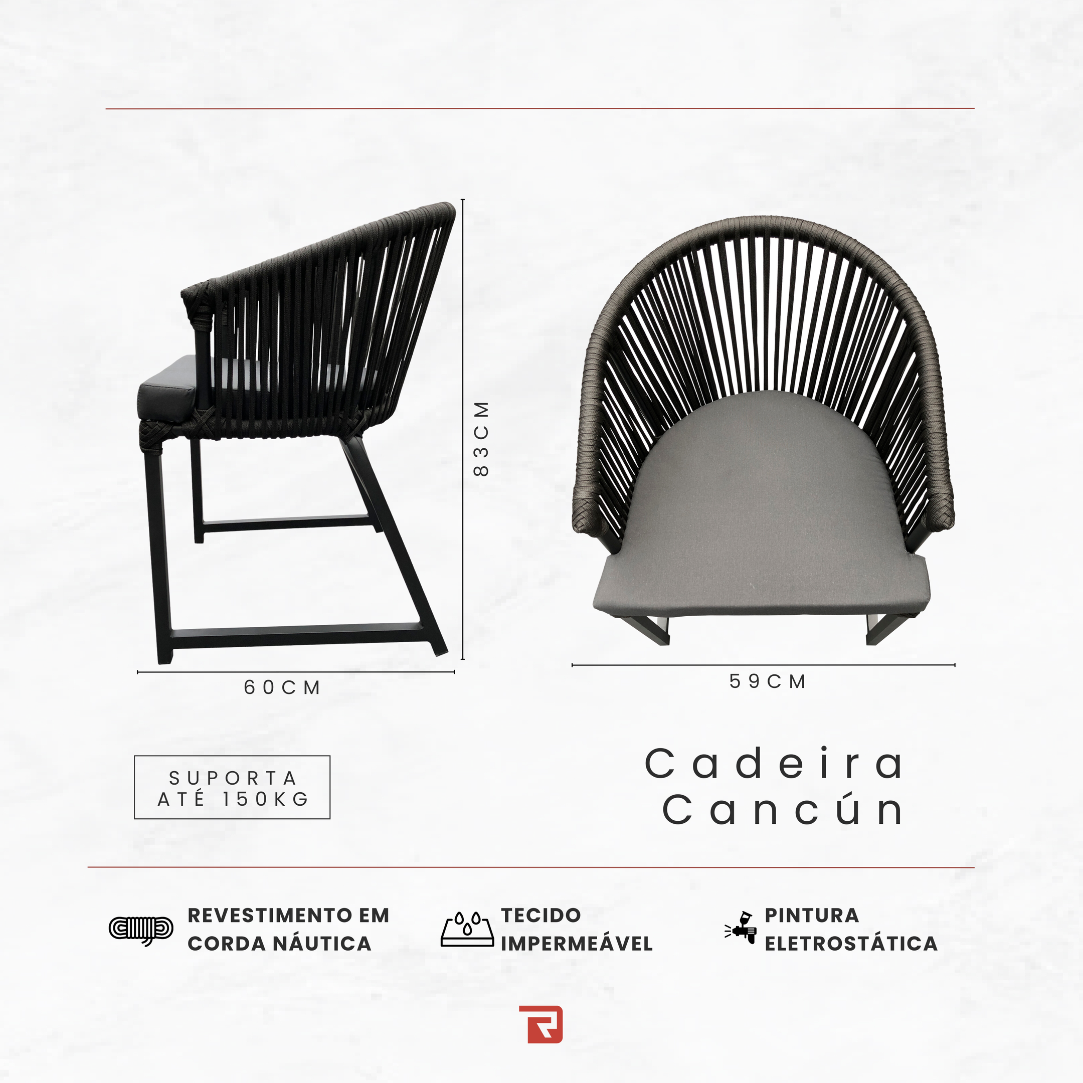 Cadeira Cancún - Alumínio Pintado Cor Preto, Corda Náutica, Jardim Varanda Área Externa - Preto - 6