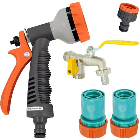 Esguicho Hidropistola 6 Jatos + Engate Rápido 3/4" e 5/8" + Bico Torneira + Torneira com Duas Saídas