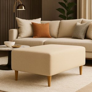 Puff Bela Manu Decor Madri Pés Palito Tecido Linho Bege