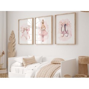 Kit 3 Quadros Bailarina Sapatilha Laço Flores Rosa Quarto Menina Infantil Bebê
