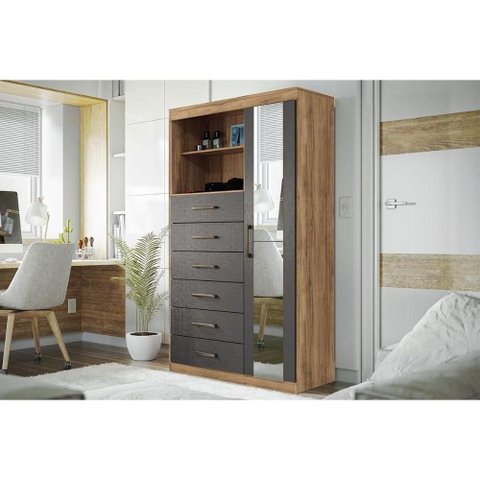 Cômoda Casal Marabá 1.6 C- 1 Porta 2 Nichos e 6 Gavetas C- Espelho Atacama-grafitte - Santos Andir