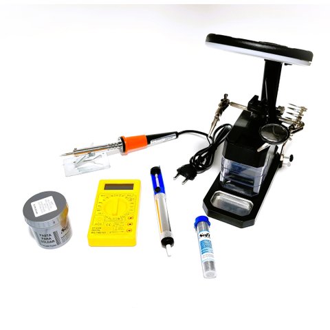 Kit Ferro de Solda 40w 220v Lupa 3 Gavetas Multimetro Pasta Estanho Sugador