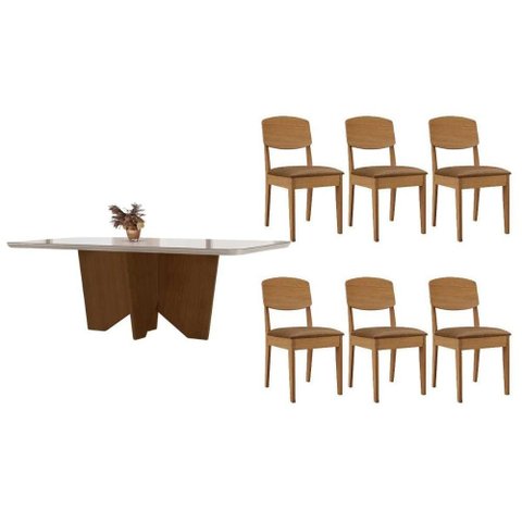 Sala de Jantar Completa Nevada C/ Tampo Madeirado C/ Vidro Canto Curvo 180x90cm e 6 Cadeiras Havana