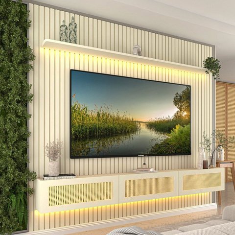 Estante Home para TV até 85 Polegadas com LED Ripado 100% MDF 250CMX228,8cm Nobre Native Off White