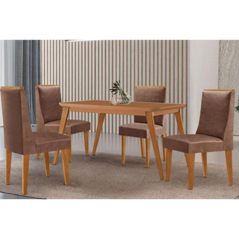 Sala Jantar Mesa Havana Tampo Curvo 120cm+4 Cadeiras Dakota Madeira Naturale - Capuccino/corano