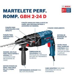 Martelo Perfurador Rompedor Gbh 2-24 D 2,7J Epta 820W 220V com Adaptador de Mandril em Maleta Bosch - 14