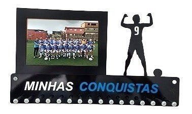 Porta Medalhas Futebol Masc Porta Retrato Número Camiseta - Branca/Azul - 7 - 1