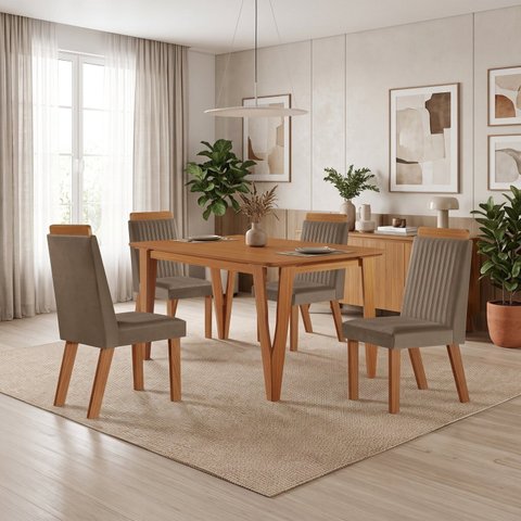 Conjunto Sala de Jantar Mesa Elos 1,35x0,90 Tampo Amadeirado 4 Cadeiras Riviera Cinamomo/Capuccino