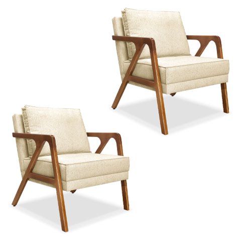 Kit 2 Poltronas Decorativa Luiza Linho Bege Base em Madeira Castanho - Pallazio