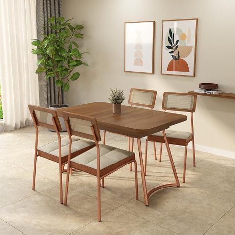 Conjunto Sala de Jantar Cosmos 4 Lugares Tampo em MDF Rosê 130cm Móveis Carraro