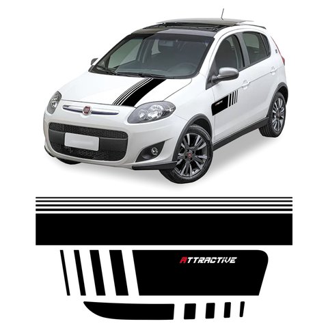 Faixa Palio Attractive 2012/2016 Adesivo Lateral e Traseiro Preto Teu Adesivo Kit Faixa Lateral F-10