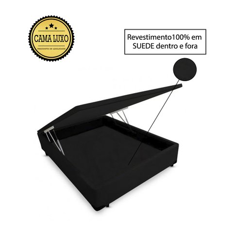 Base Box Baú Víúva Luxo Blindado AColchoes Suede Preto 49x128x188