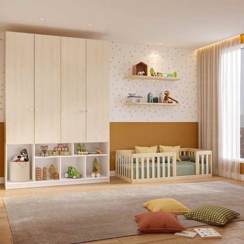 Quarto Montessori Mini Cama Giulia Guarda-Roupa Curió 4 Portas Casatema MadeiraOriginals Natural/Bra