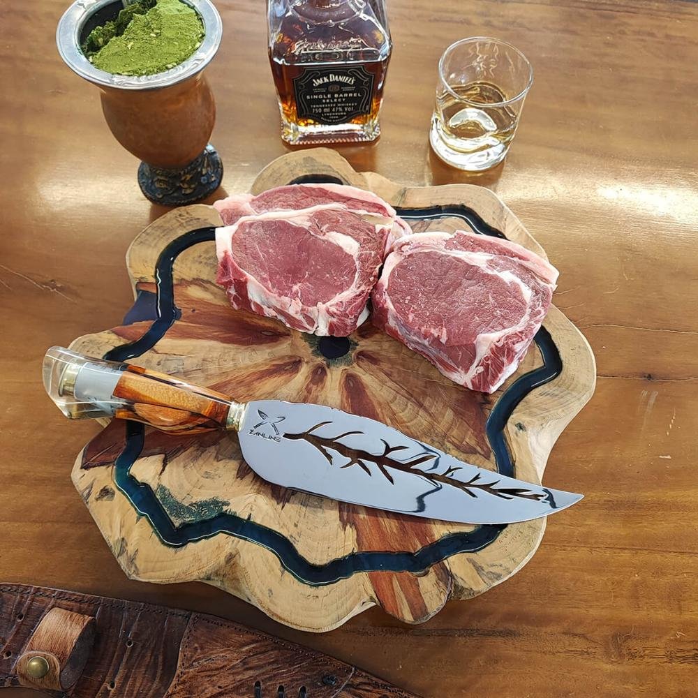 Faca Pena Folha Vazada Aço Inox 420c Cabo Hibrido Munição 9' para Churrasco - 6