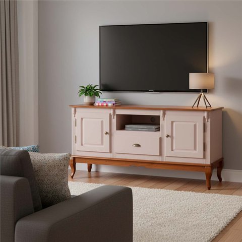 Rack para TV até 60 Polegadas 2 Portas 1 Gaveta 150cm Pés Luis Xv em Madeira + Nicho
