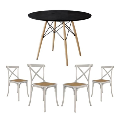 Jogo de Mesa Eiffel Redondo Tampo de Madeira 110cm Preto com 4 Cadeiras Katrina Branca Assento Bege