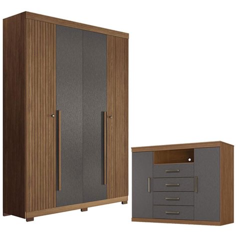 Guarda Roupa Casal Ripado 4 Portas Buriti com Pés e Cômoda Havana Master Jatobá Grafite Acetinado - 