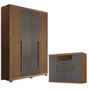 Ver imagem 1 de Guarda Roupa Casal Ripado 4 Portas Buriti com Pés e Cômoda Havana Master Jatobá Grafite Acetinado -