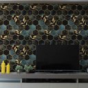 Ver imagem 2 de Papel de Parede Mármore Hexágono com Folhas Douradas-60x300cm