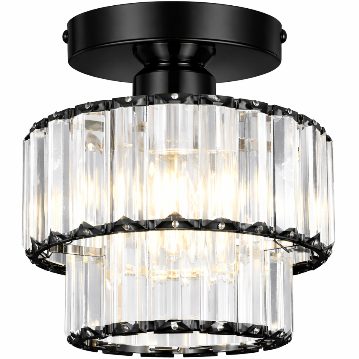 Luminária Lustre Teto 20x15cm 30 Cristais Metal Preto 2 Andares Plafon Gimpo Kjgd-020-black