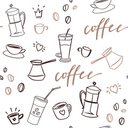 Ver imagem 1 de Papel de Parede decorativo com ilustração de xícaras, grãos de café e letras de pincel manuscritas.