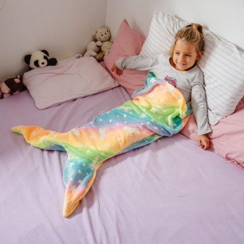 Cobertor Sereia Infantil Brilha Escuro Manta Saco de Dormir