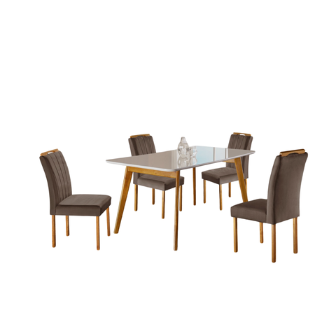 Conjunto Sala de Jantar 4 Lugares Lorena Mesa e Cadeiras Madeira Maciça e Tecido Veludo Marrom