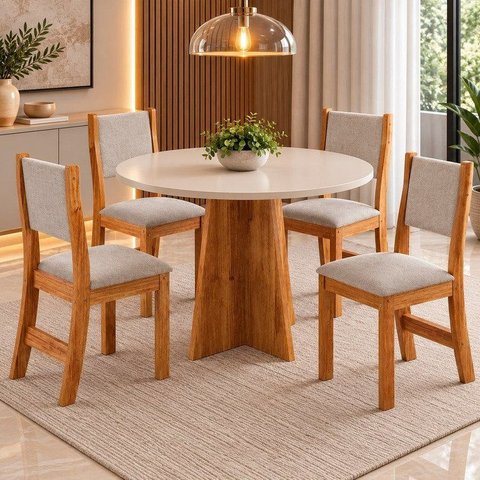 Conjunto Sala de Jantar 4 Lugares Redondo Tampo em MDF Chilli Bege/Mel/Blonde/Castanho