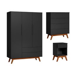 Conjunto Quarto Solteiro Guarda Roupa + Cômoda Retrô + Mesa Cabeceira Alpi - Preto - 2