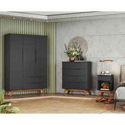 Conjunto Quarto Solteiro Guarda Roupa + Cômoda Retrô + Mesa Cabeceira Alpi - Preto - 1