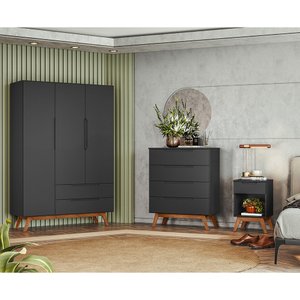 Conjunto Quarto Solteiro Guarda Roupa + Cômoda Retrô + Mesa Cabeceira Alpi - Preto