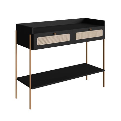 Aparador 2 Gavetas 103cm Palhinha Pé Metal Nero/dourado