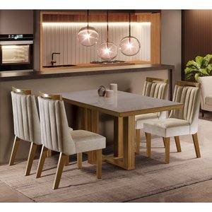 Conjunto Sala de Jantar Mesa Tampo MDF e Vidro e 4 Cadeiras Lottus