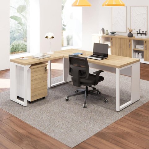 Mesa de Escritório em L 170 cm X 160 cm 40mm Pés Metal com Gaveteiro F5 Office Cor:Macadâmia com