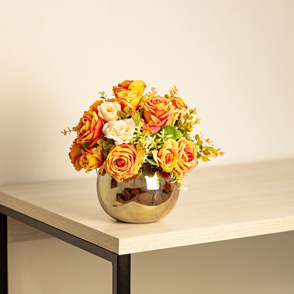 Arranjo de Rosas Artificial Glamour no Vaso Espelhado Beng Flores