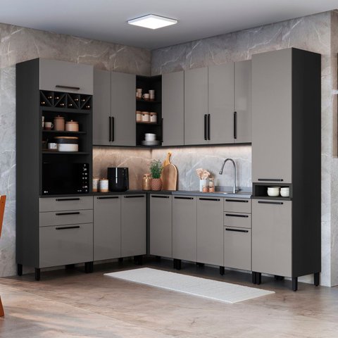 Cozinha Modulada Canto Torre Quente 8 Peças Diamante Cinza/Chumbo/Titânio