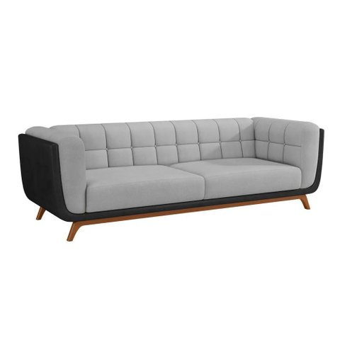 Sofá 2 Lugares 200cm Coin Pu Preto | Linho Cinza Claro - Sallar Home