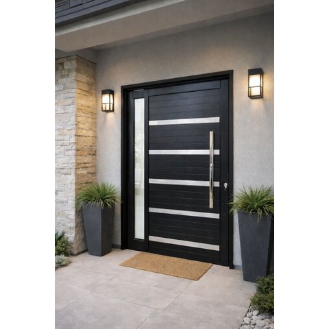 Porta Pivotante de Aluminio Preto Frisada com Vidro 2,10 (a) X 0,90 (l) Linha 30 Completa