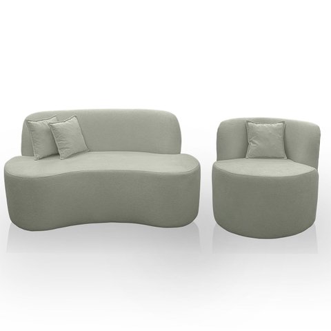 Kit 2 Poltronas com Sofá Curvo 2 Lugares Feijão Forma Orgânica 1,50 Bouclé Maranata