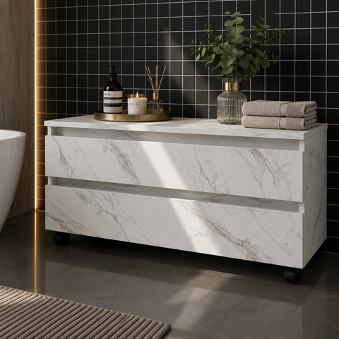 Balcão Gaveteiro Multiuso para Banheiro 80cm 2 Gavetas 4 Rodízios Branco Mármore- Tecno Mobili